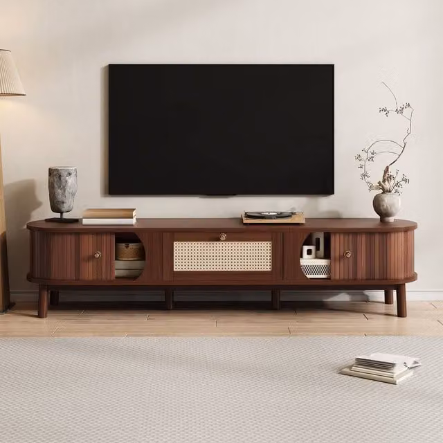 Merax Walnut TV Cabinet with Slatted Wood Doors and Rattan Drawers, W: 170 cm, D: 39.5 cm, H: 38 cm – 1