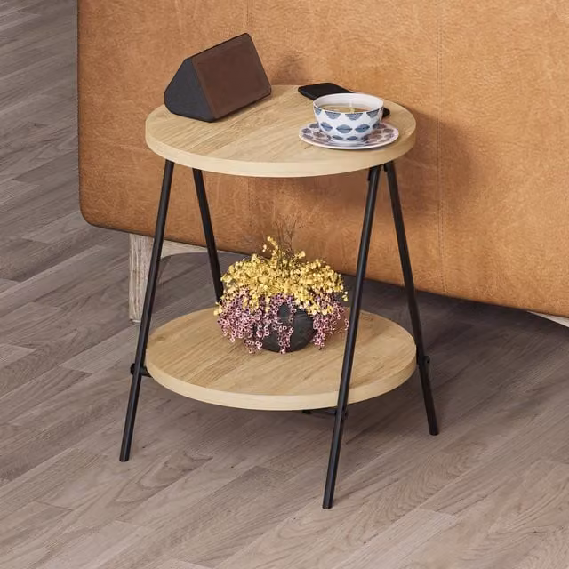 FWStyle Small Round 2 Tier Side Table in Natural Oak with Scratch Resistant Finish