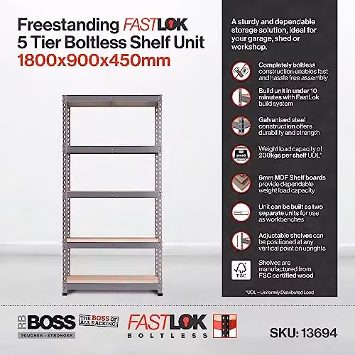 RBUK RB BOSS FastLok Heavy Duty Galvanised Steel Garage Shelving Units, 5 Tier Storage Racking with 1000kg Capacity, H x W x D: 180 x 90 x 45 cm – 2