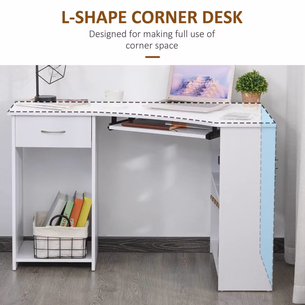 STILVORA Modern L-Shaped Corner Desk with Shelves and Drawer in White – 3