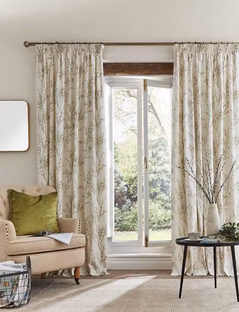 Laura Ashley Pussy Willow Floral Pencil Pleat Cotton Curtains, Green Mix, H: 168 cm, W: 137 cm