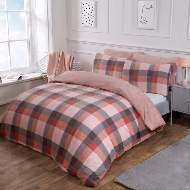 OHS Checked Teddy Fleece Duvet Cover and Pillowcase Set in Pink, Single