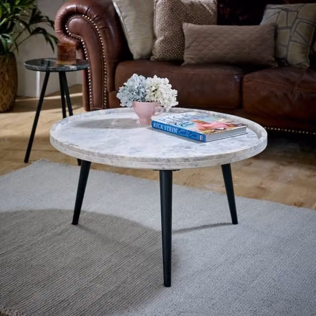 IH Design York Square Coffee Table with Marble Top and Mango Wood Legs in Brown and White, W/D/H: 70 x 70 x 36 cm