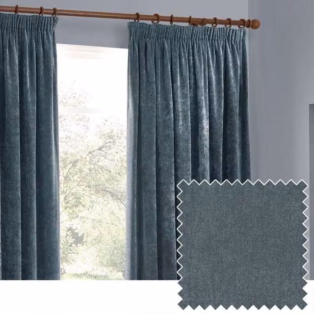 Riva Home Blue Chenille Velvet Room Darkening Pencil Pleat Curtain Pair, W: 117 cm, H: 183 cm – 4