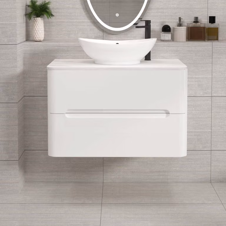 Royal Bathrooms Venice 800mm Gloss White Wall Hung Vanity Unit with Amaze Basin and 2 Drawers