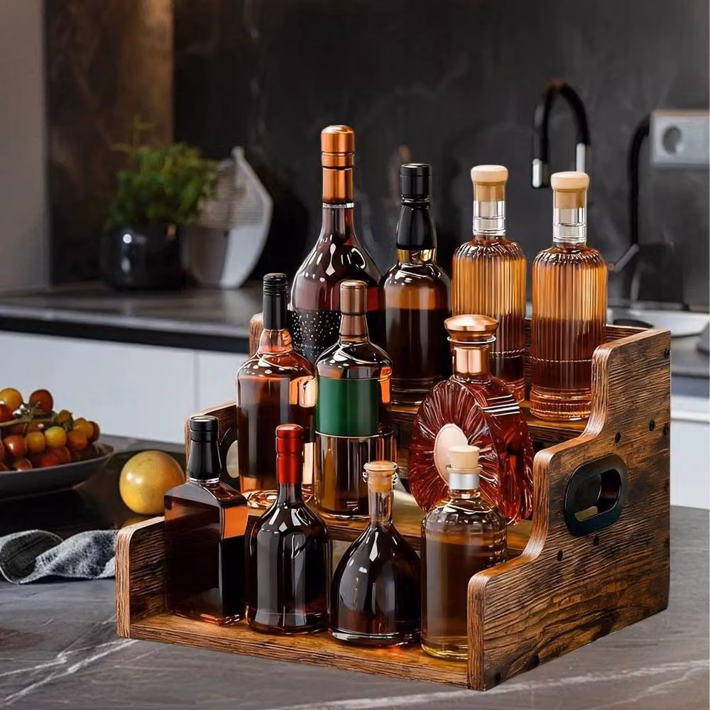 VOGREX Industrial Wooden and Metal Countertop Wine Bottle Display Rack in Brown, W/D/H: 41.0 x 23.5 x 3.0 cm – 3