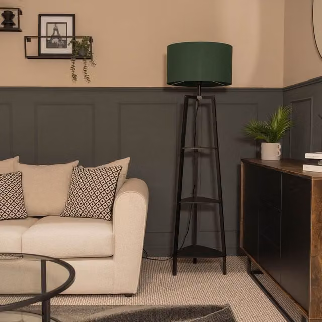 Hiru 3 Tier Shelf Floor Lamp with Cylinder Fabric Lampshade in Green