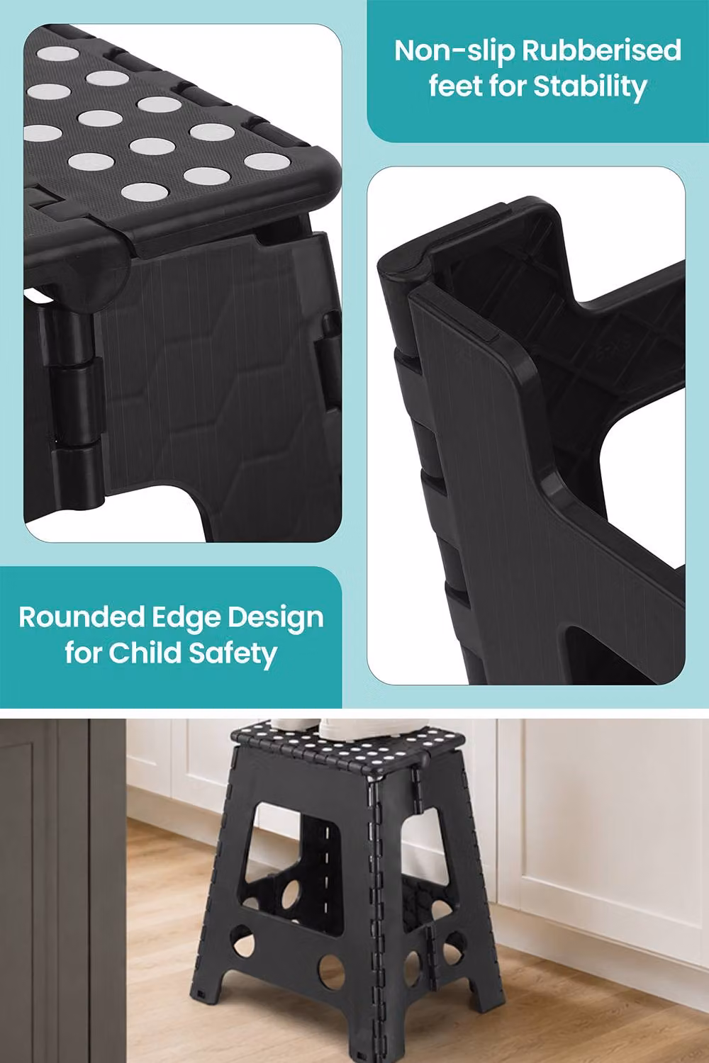 Neel Blue Foldable Step Stool in Black with Anti-Skid Rubber Feet, W/D/H: 45.72 x 28.45 x 21.59 cm – 3