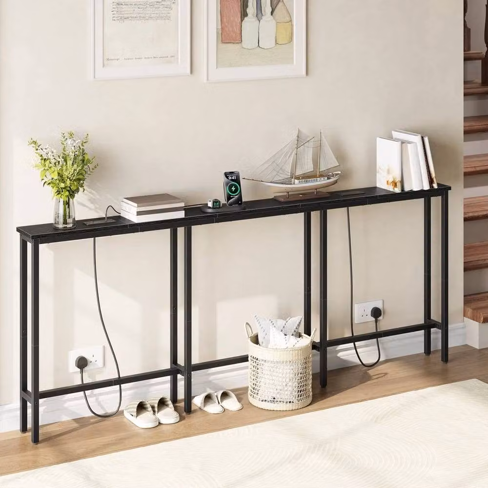 FORGEVIO Modern Black Console Table with 2 Charging Stations – 2