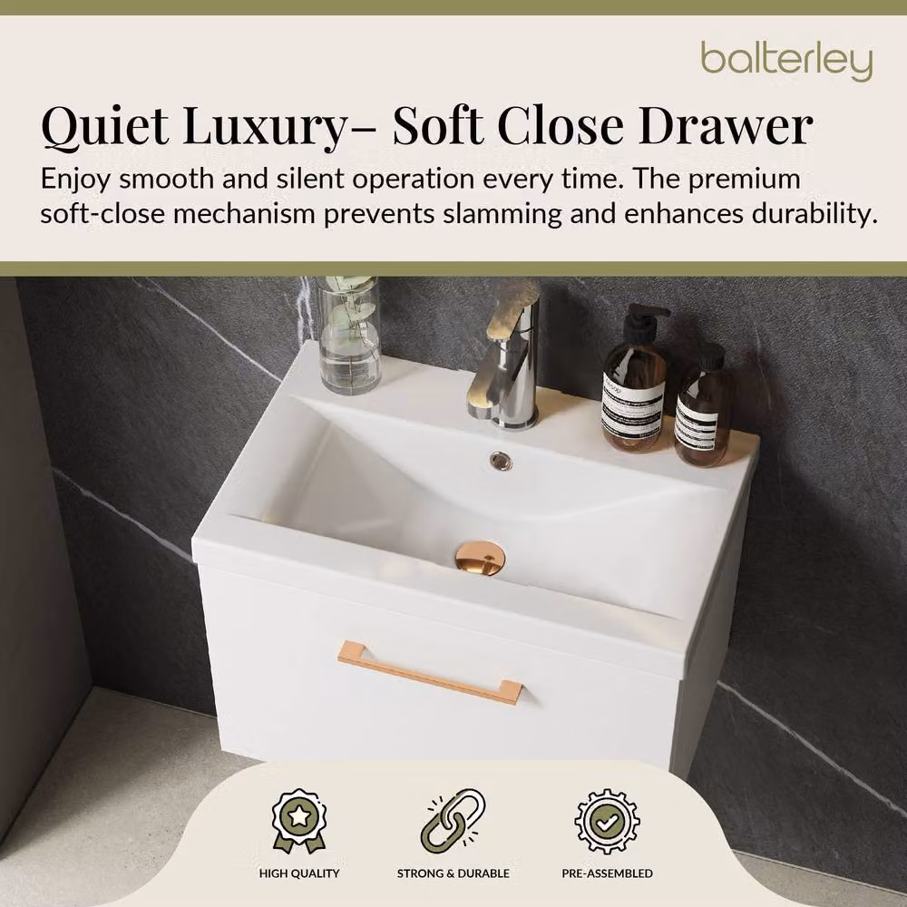 Balterley Gloss White Wall Hung 1 Drawer Vanity Basin Unit with Copper Handle, Width: 60 cm – 3
