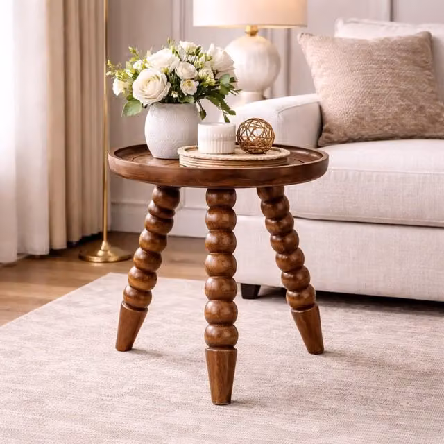 Artisan Furniture Solid Mango Wood Spindle Tray Side Table in Brown – 1