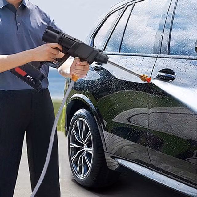 Komore Handheld Electric Pressure Washer with Dual Rechargeable Batteries in Black and Stainless Steel