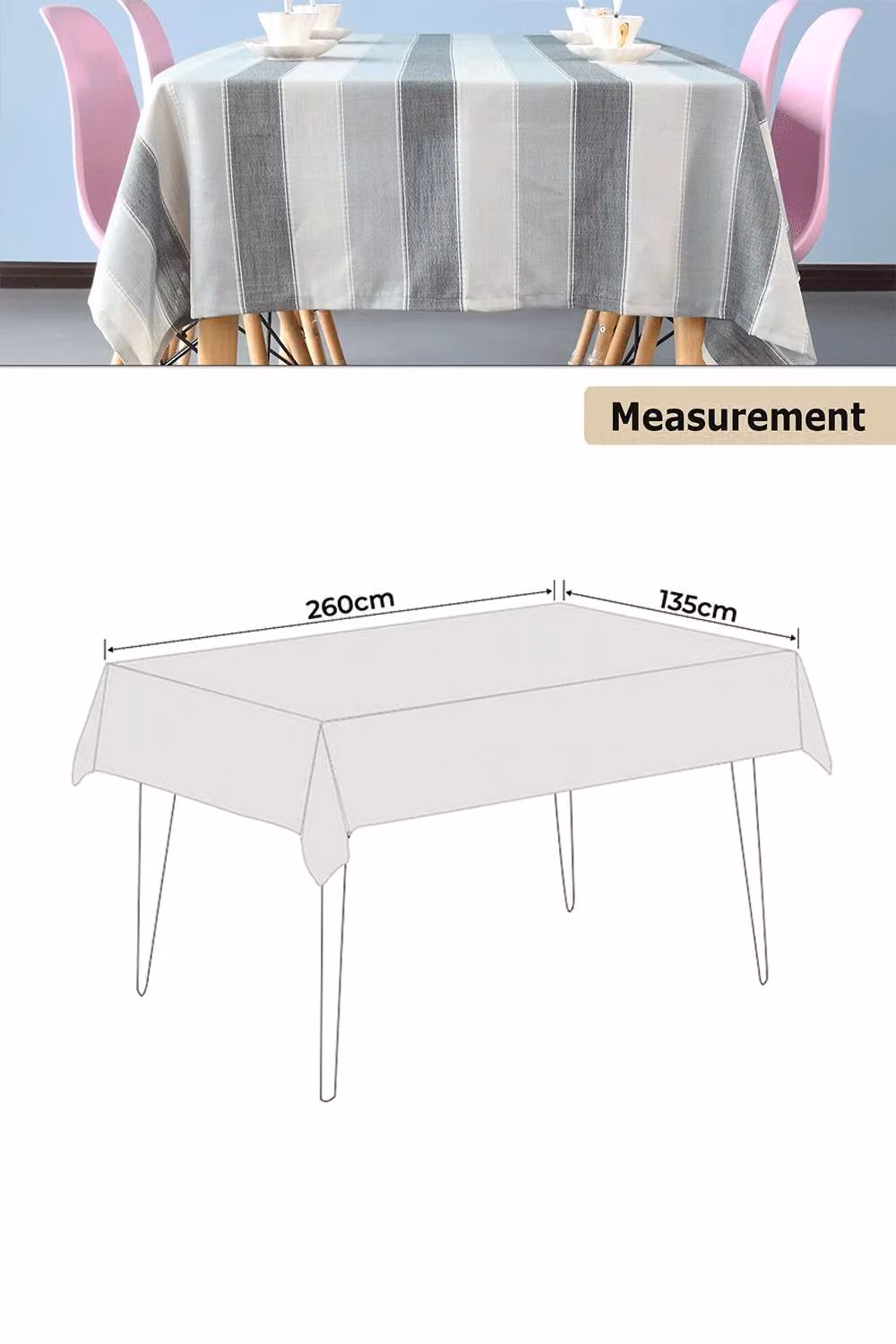 Neel Blue Grey and White Striped Rectangular Tablecloth, Polyester and Linen Blend, W: 135 cm, L: 260 cm – 2