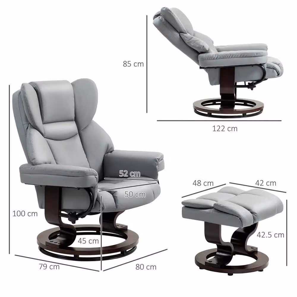 FORGEVIO Grey PU Leather Manual Reclining Armchair with 360 Degree Swivel and Armrests – 2