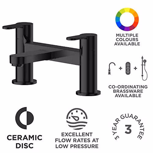 Nuie ARV403 Arvan Modern Round Deck Mounted Bath Filler Tap with Dual Lever Handles, Matt Black – 2