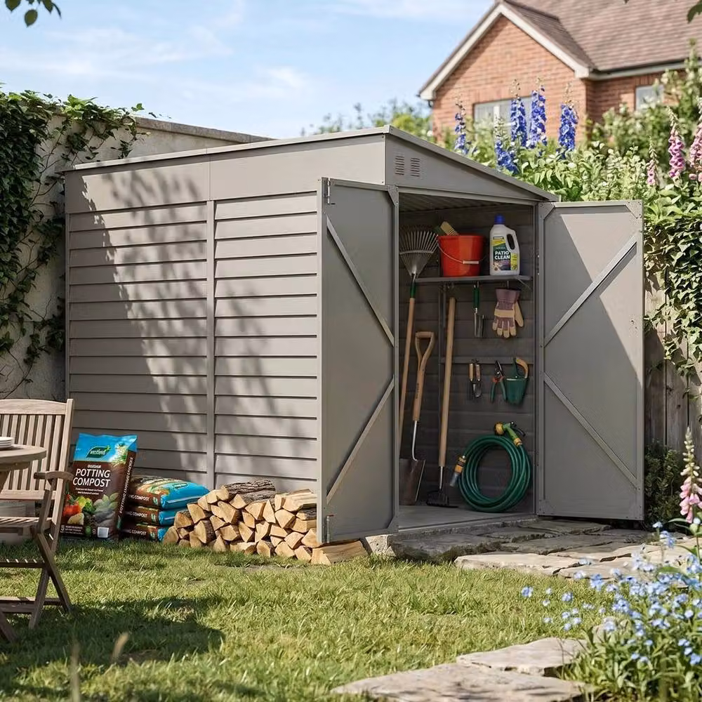 PAWNORA Modern Metal Pent Garden Shed in Grey with Lockable Door, W/D/H: 140.2 x 140.2 x 201.6 cm – 5