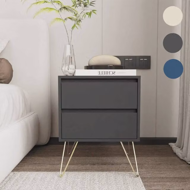 SPETLEK Modern 2 Drawer Bedside Table in Grey