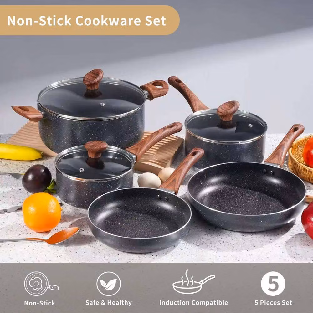 NESTLUNE 5 Piece Non-Stick Aluminium Cookware Set with Saucepan and Frying Pan in Grey and Black, W/D/H: 100 x 15 x 15 cm – 3