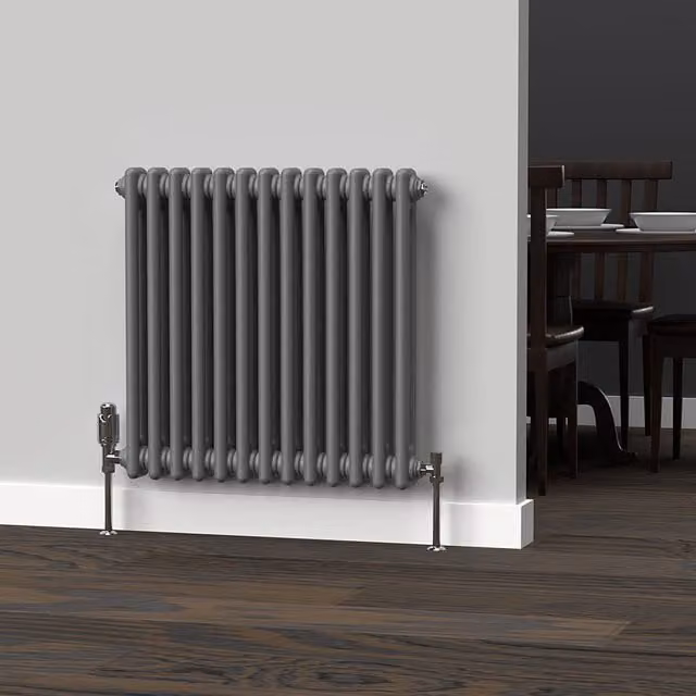 Lux Heat Anthracite Grey Horizontal 2 Column Traditional Steel Radiator, H: 60.0 cm, W: 60.5 cm