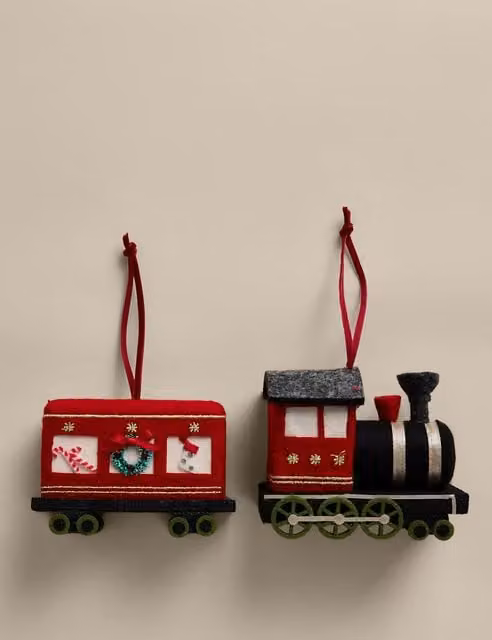 M&S 2 Piece Red and Gold Felt Christmas Steam Train Hanging Decorations