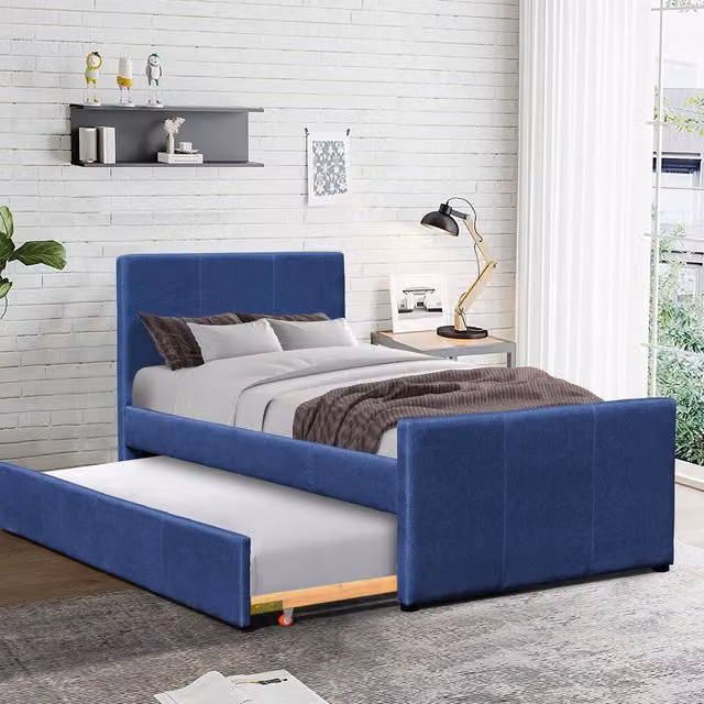 Comfy Living Blue Upholstered Single Fabric Bed Frame with Trundle, W/D/H: 90 x 190 cm