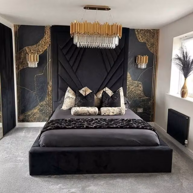 Stratus Interiors Coco Geometric Velvet Upholstered King Size Bed with Black Metal Gas Lift Base