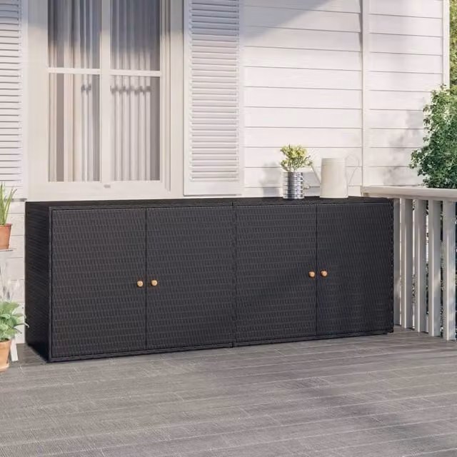 Berkfield Home Garden Storage Cabinet in Black Poly Rattan and Acacia Wood, H: 198 cm, W: 80 cm, D: 55.5 cm
