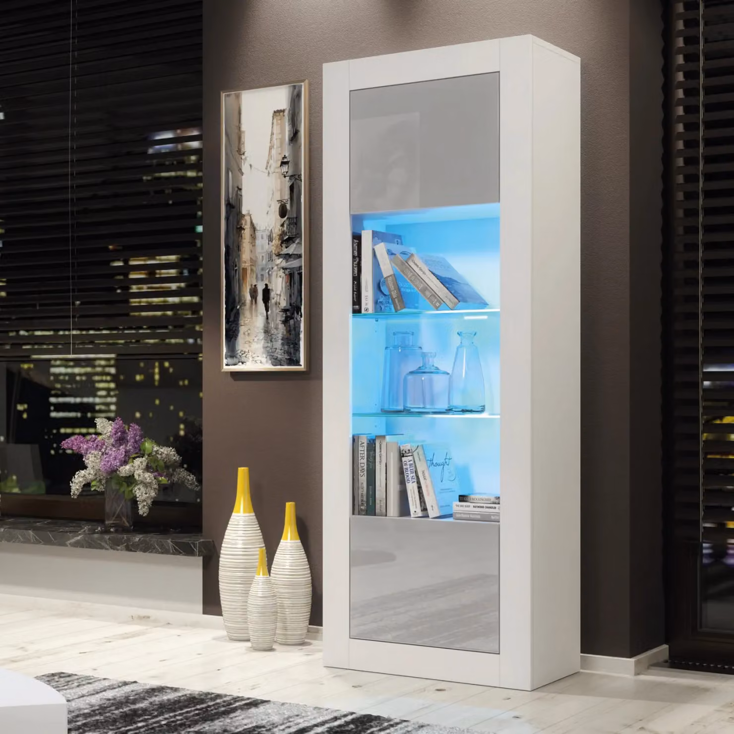 Mex Furniture LTD Modern Glossy Display Cabinet with LED Lighting and Glass Doors in Light Grey, Height: 170 cm – 4