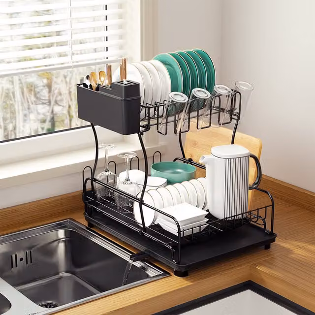 Toque 2 Tier Expandable Dish Drainer Rack with Drip Tray, Black