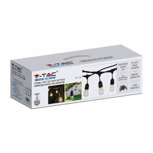 V-TAC Black Outdoor LED String Lights with 15 Sphere Sockets, 15m Length – 3