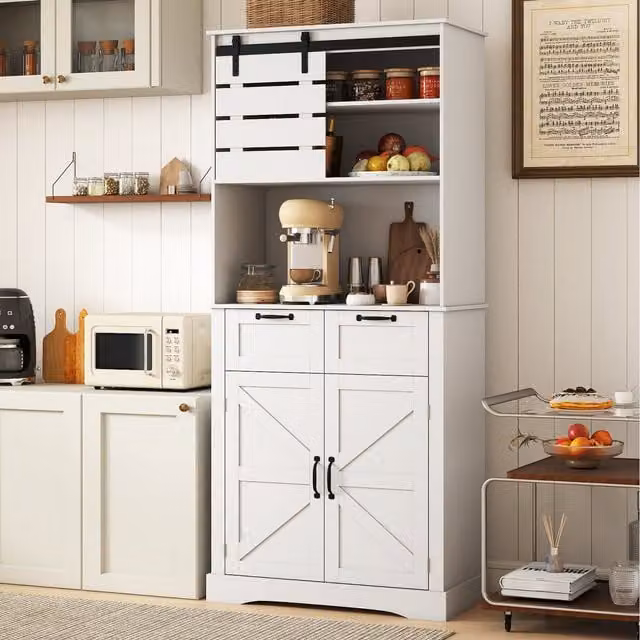 COSTWAY White Modern Kitchen Pantry Cabinet with Shaver Socket and Internal Drawers