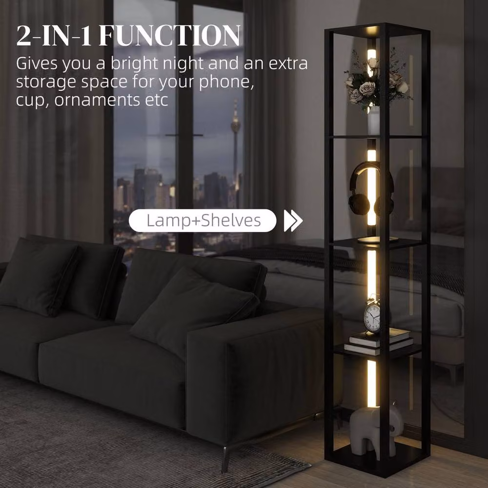 EONLION Black Metal Floor Lamp with 4-Layer Shelves and Dimmable LED Warm White Light – 3