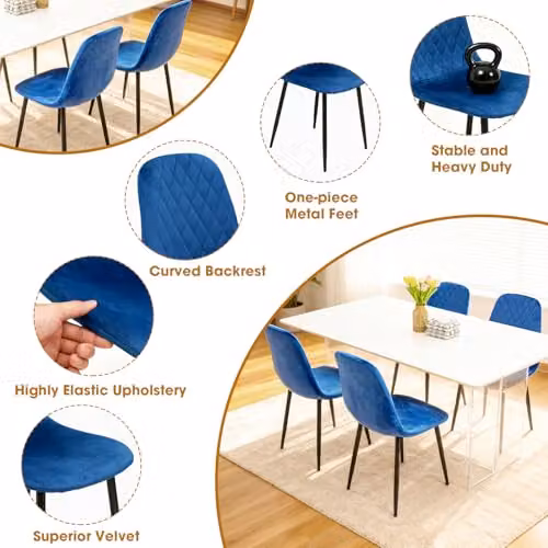 Alivio Set of 4 Blue Velvet Dining Chairs with Ergonomic Curved Backrests and Metal Legs – 4