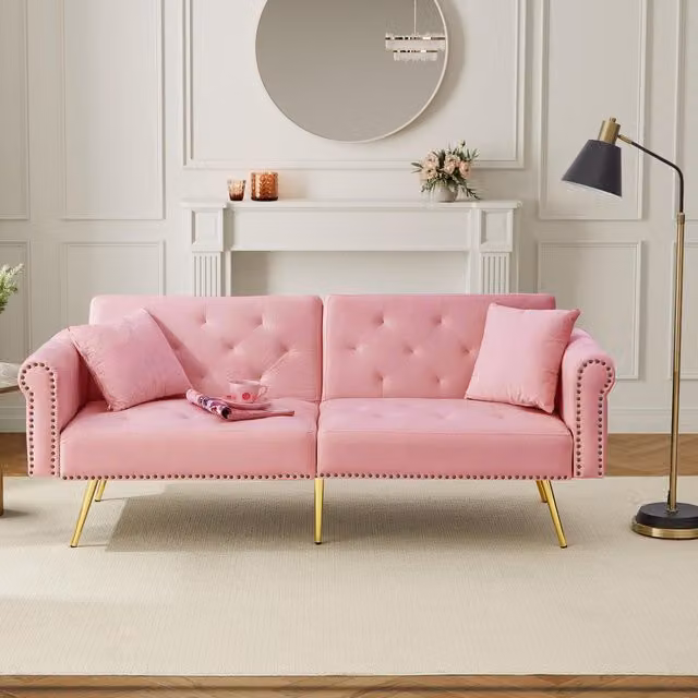 Aosom UK 2-Seater Modern Velvet Sofa Bed in Pink with Adjustable Backrests and Scatter Cushions, W/D/H: 177 x 74 x 71 cm
