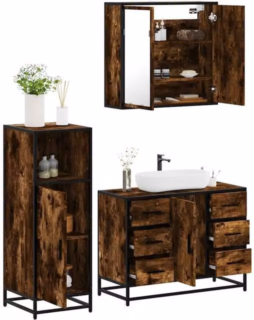 Berkfield Home 3 Piece Industrial Bathroom Furniture Set in Smoked Oak Brown