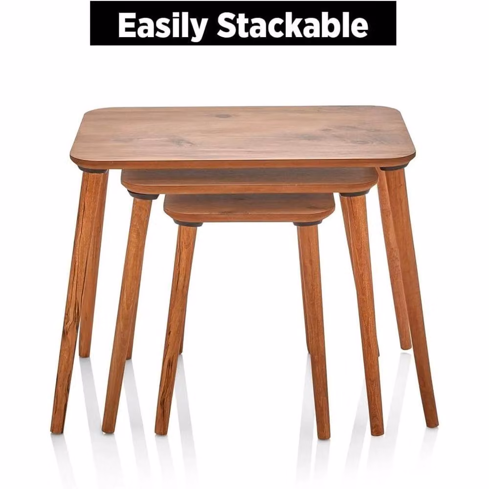 VOGREX 3-Piece Brown Wooden Nesting Coffee Table Set with Rounded Minimalist Design – 3