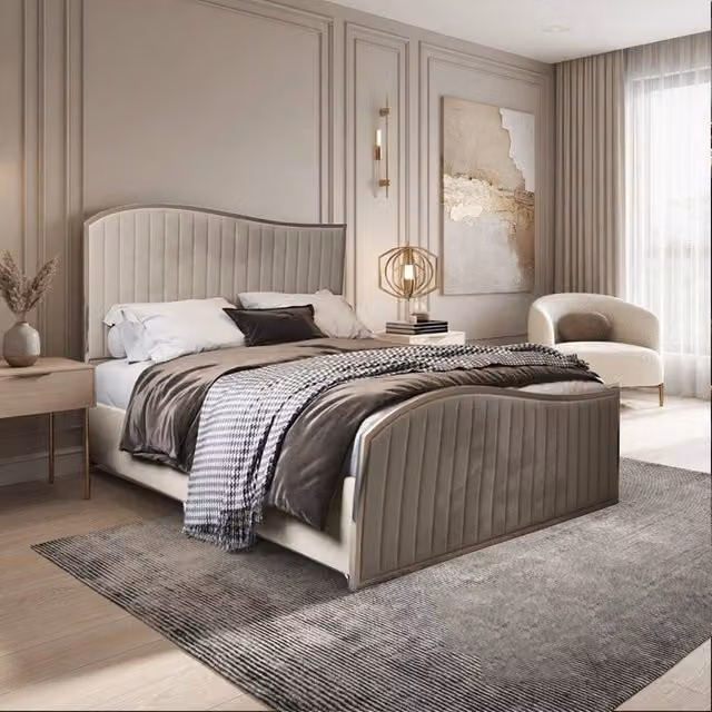 Casani Totternhoe Upholstered Velvet Designer Bed Frame in Beige and Cream, W/D/H: 140 x 200 x 137 cm – 1