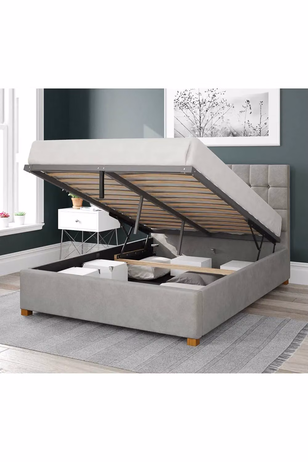 Aspire Sinatra Upholstered Ottoman Storage Bed in Grey Velvet Fabric, W/D/H: 140 x 200 x 35 cm – 2