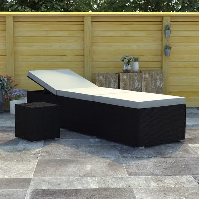 Berkfield Home Sun Lounger with Cushion and Tea Table in Black Poly Rattan