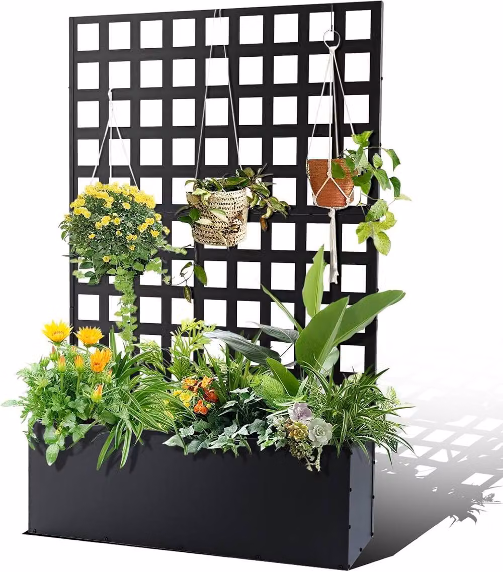 London Boutique Black Metal Raised Garden Bed with Trellis and Drainage Holes – 8