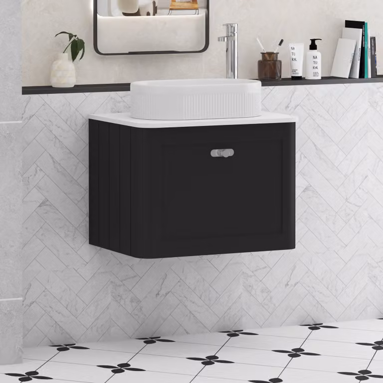Royal Bathrooms Henley 600mm Wall Hung Vanity Unit in Matt Nocturne Black with Plain White Worktop, Lyon Basin and Chrome Knob