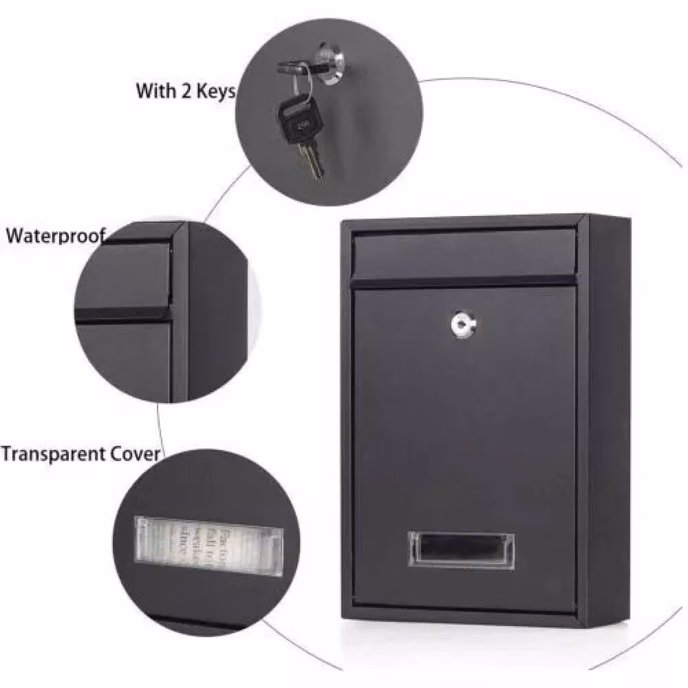 FLAVORA Secure Wall Mounted Steel Post Box, Black, H 32.0 cm x W 32.0 cm x D 9.0 cm – 5