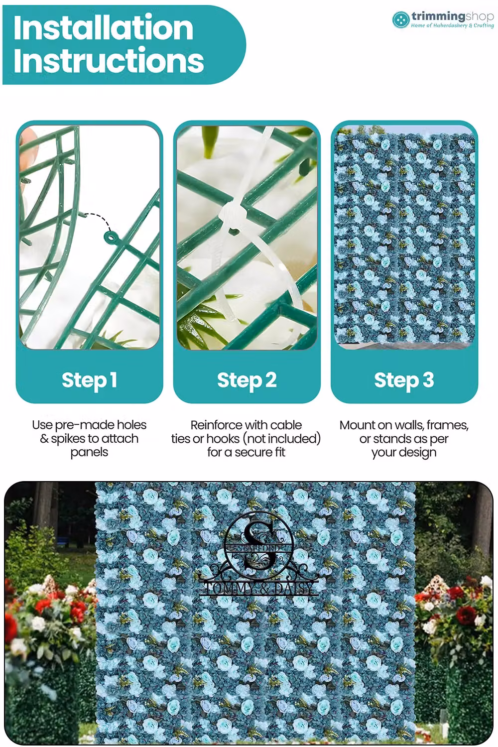 Neel Blue Hydrangea Artificial Floral Wall Panel in Turquoise and Teal for Wedding Decoration, W/D/H: 60 x 40 x 40 cm – 4