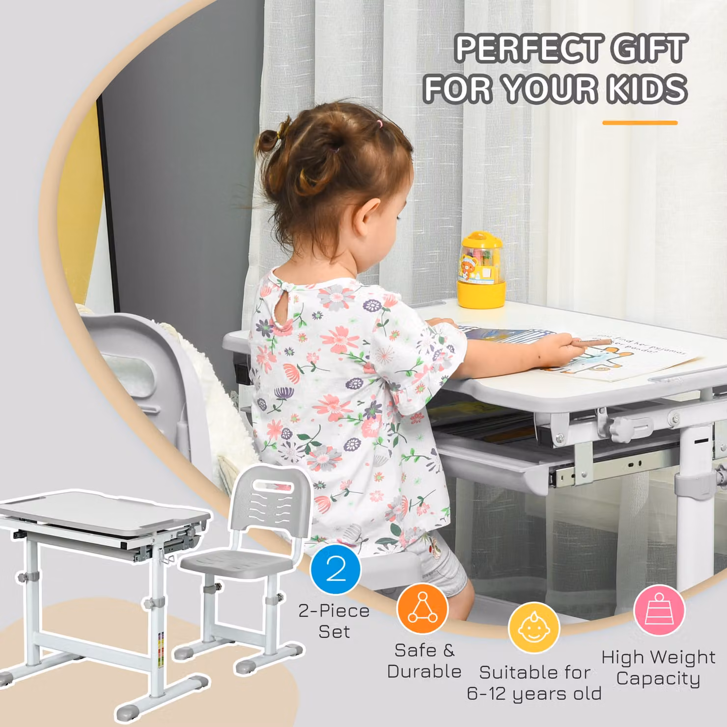 HOMCOM Height Adjustable Kids Desk and Chair Set with Tilting Top in Grey – 3