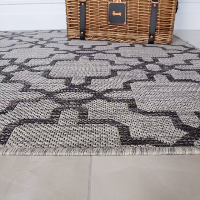 The Rug House Grey Geometric Trellis Flatweave Indoor Outdoor Rug, W: 240 cm, D: 60 cm