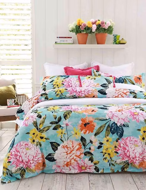 MM Linen Ravello Pure Cotton Floral Bedding Set, Light Blue Multicolour, 200 x 200 cm
