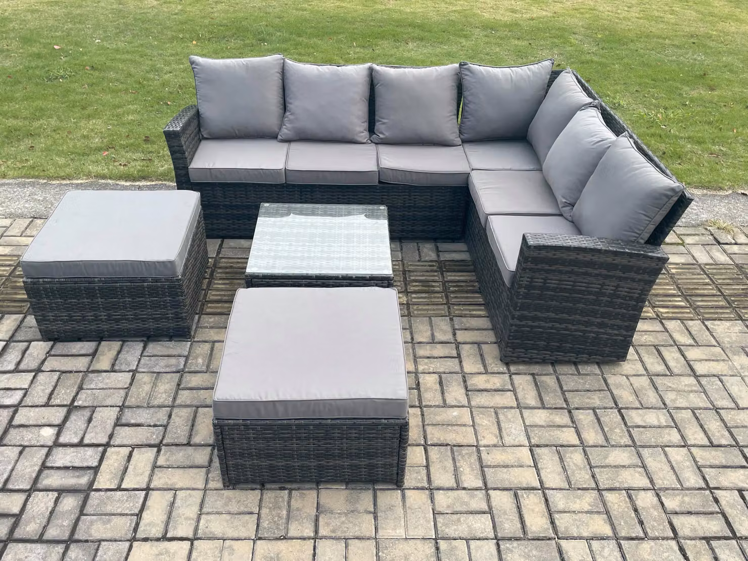 Fimous 8 Seater Dark Grey Rattan Corner Sofa Set with 2 Ottomans and Coffee Table – 2