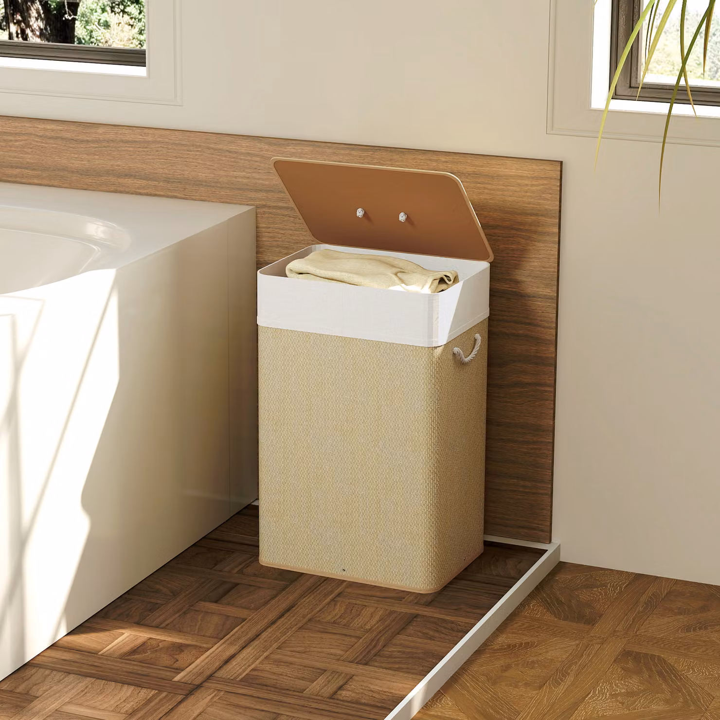 HOMCOM Bamboo Laundry Basket with Lid and Removable Washable Liner, 72L Capacity, Nature Wood Finish in Brown and Beige – 2