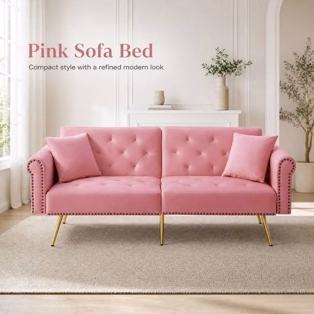STILVORA 2-Seater Pink Velvet Click Clack Sofa Bed with Adjustable Headrest and Scatter Cushions