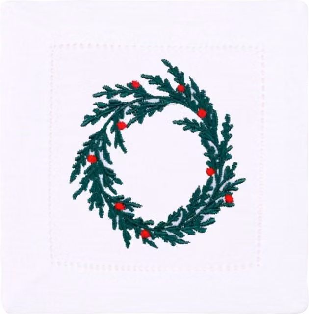 Mafra White Linen Christmas Table Linens with Embroidered Tree and Wreath, Napkin and Placemat Set